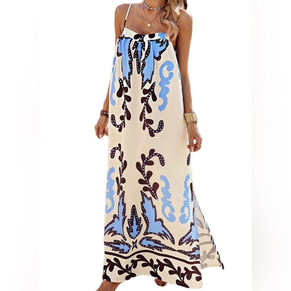 Bohemian Cream Maxi Dress with Blue and Brown Pattern
